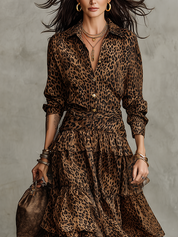 Bohemian Leopard Print Shirt And Layered Ruffle Skirt Set