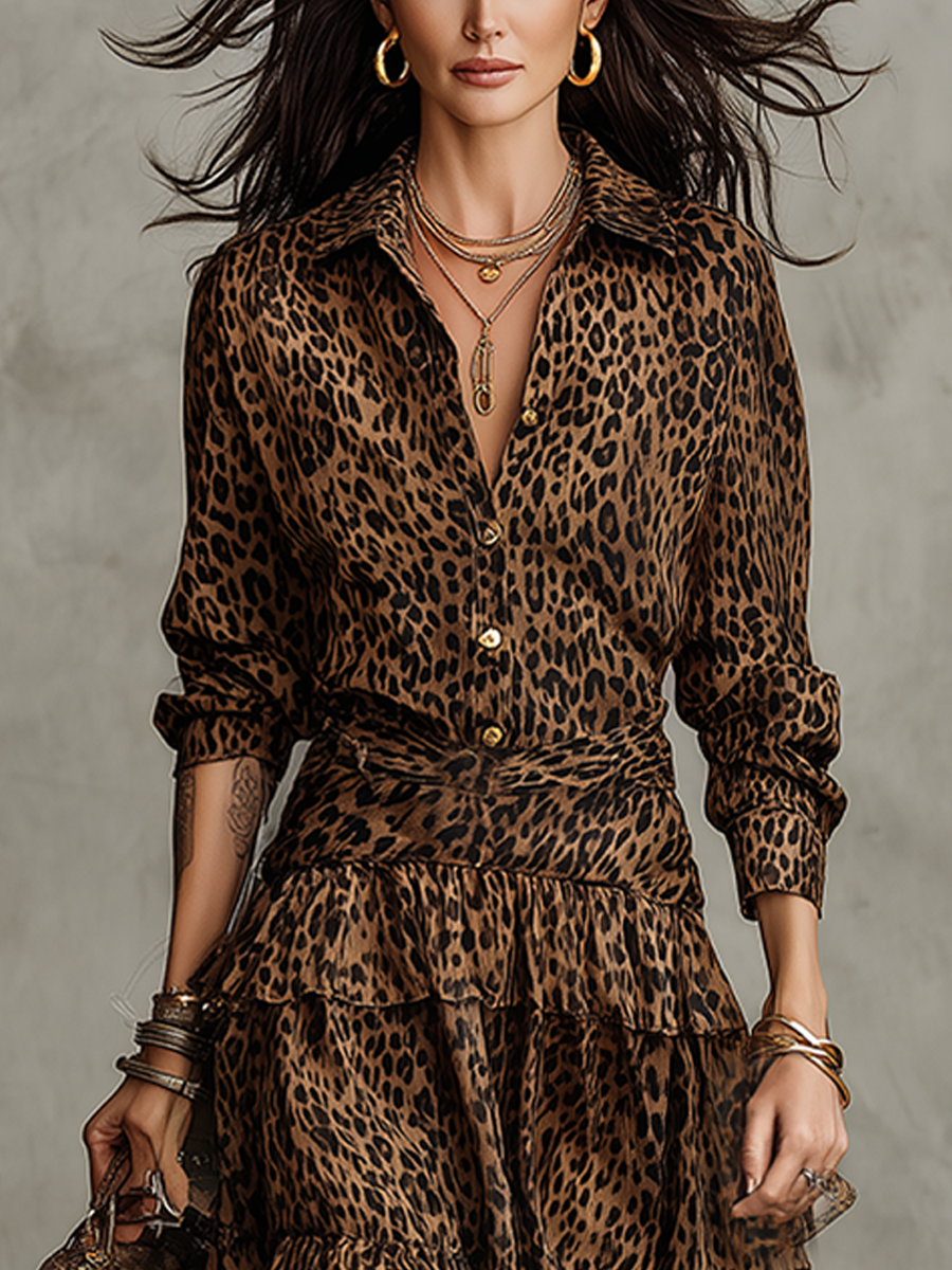 Bohemian Leopard Print Shirt And Layered Ruffle Skirt Set