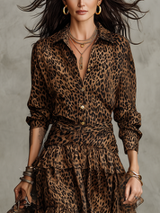 Bohemian Leopard Print Shirt And Layered Ruffle Skirt Set