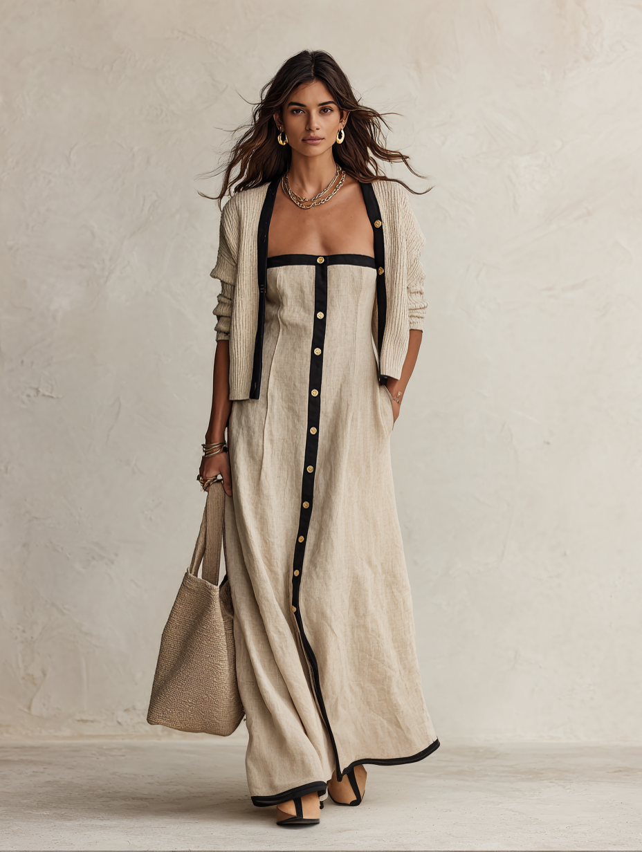 Contrast-Trim Button-Front Linen Maxi Dress Set
