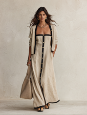 Contrast-Trim Button-Front Linen Maxi Dress Set