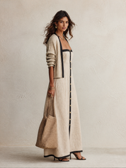 Contrast-Trim Button-Front Linen Maxi Dress Set