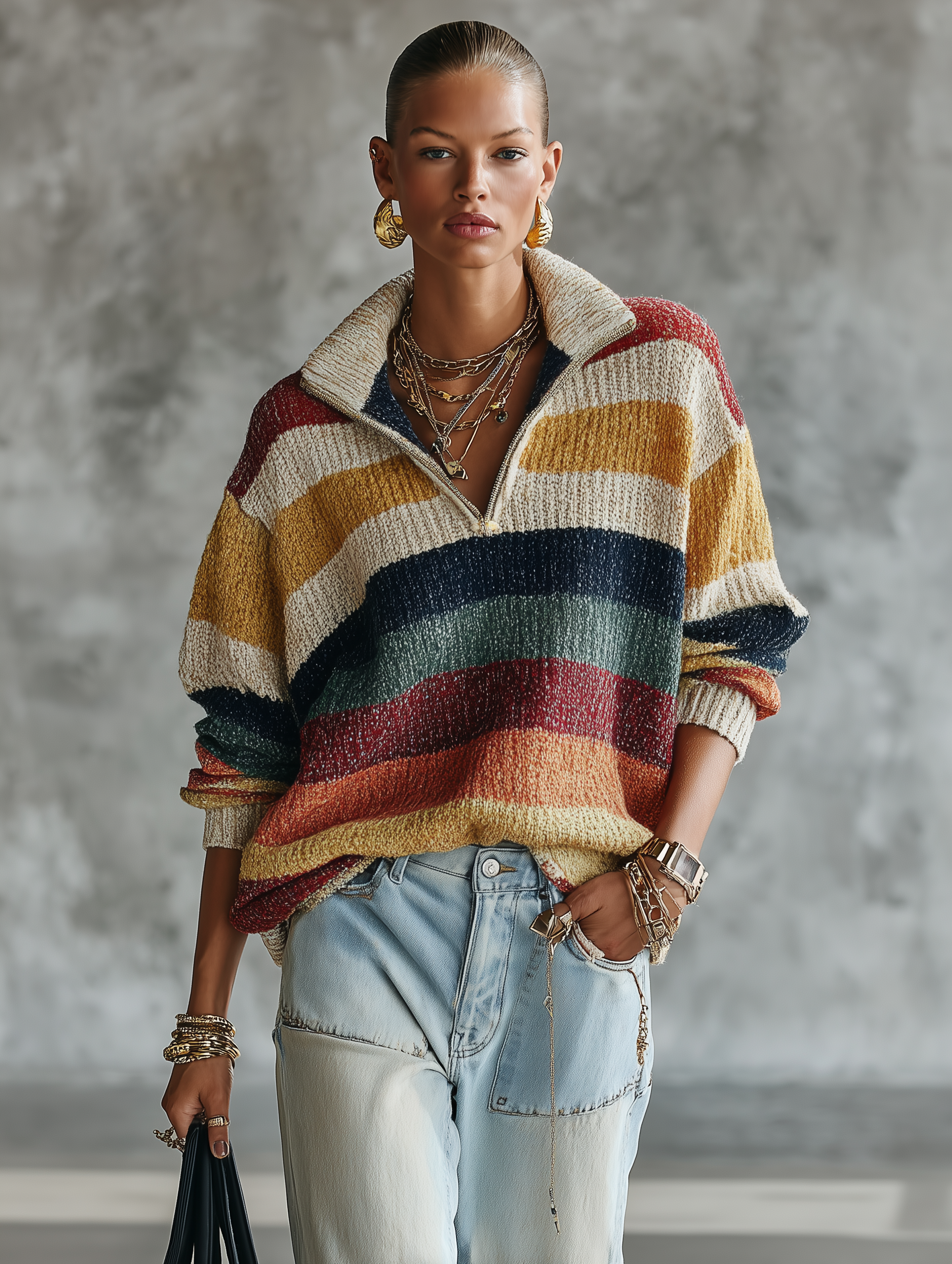 Women's Striped Quarter-Zip Oversized Knit Sweater