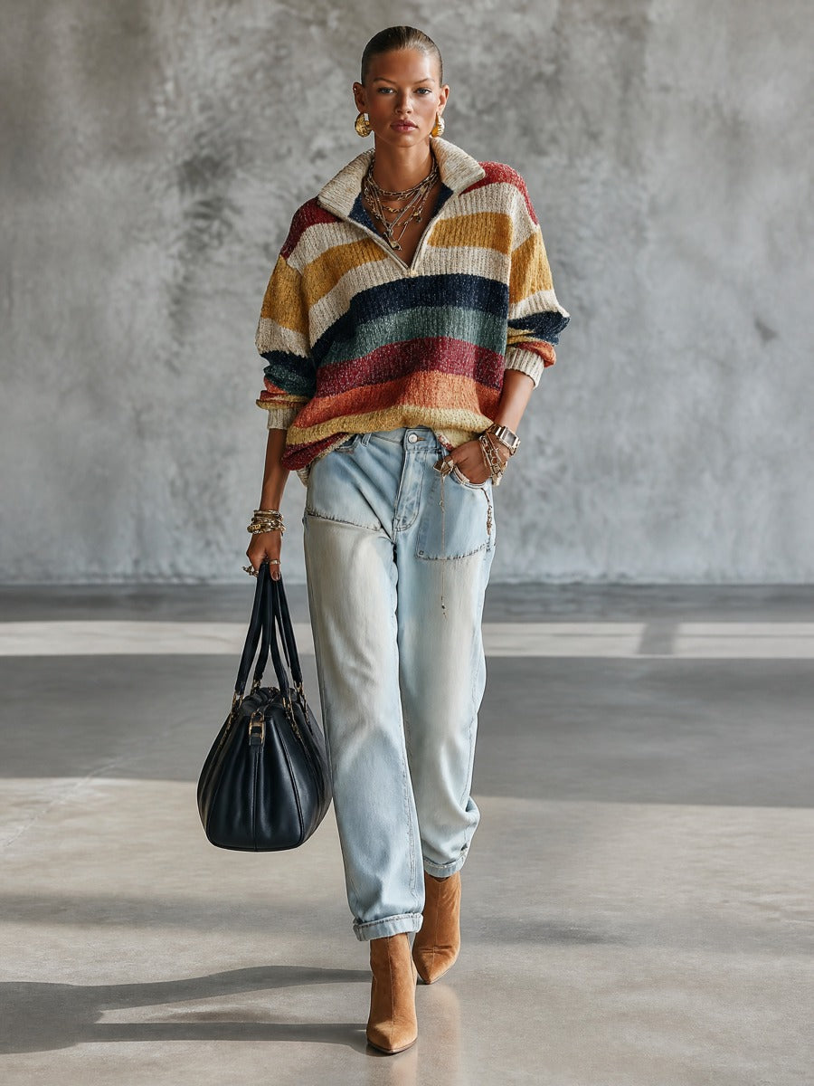 Women's Striped Quarter-Zip Oversized Knit Sweater