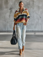 Women's Striped Quarter-Zip Oversized Knit Sweater