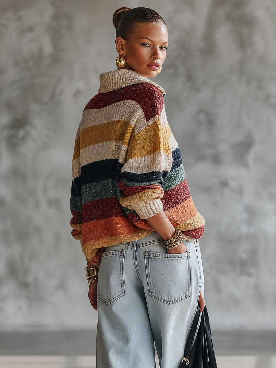 Women's Striped Quarter-Zip Oversized Knit Sweater