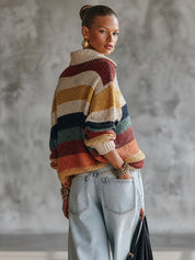 Women's Striped Quarter-Zip Oversized Knit Sweater