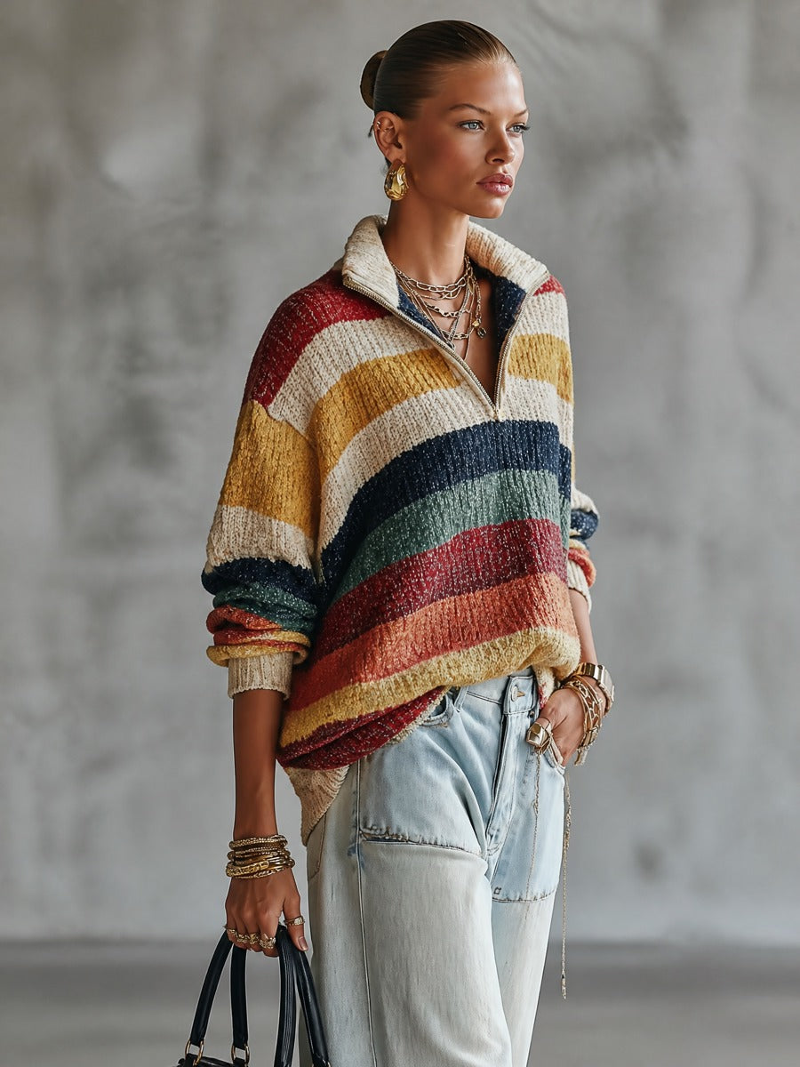 Women's Striped Quarter-Zip Oversized Knit Sweater
