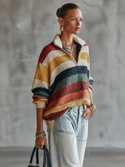 Women's Striped Quarter-Zip Oversized Knit Sweater