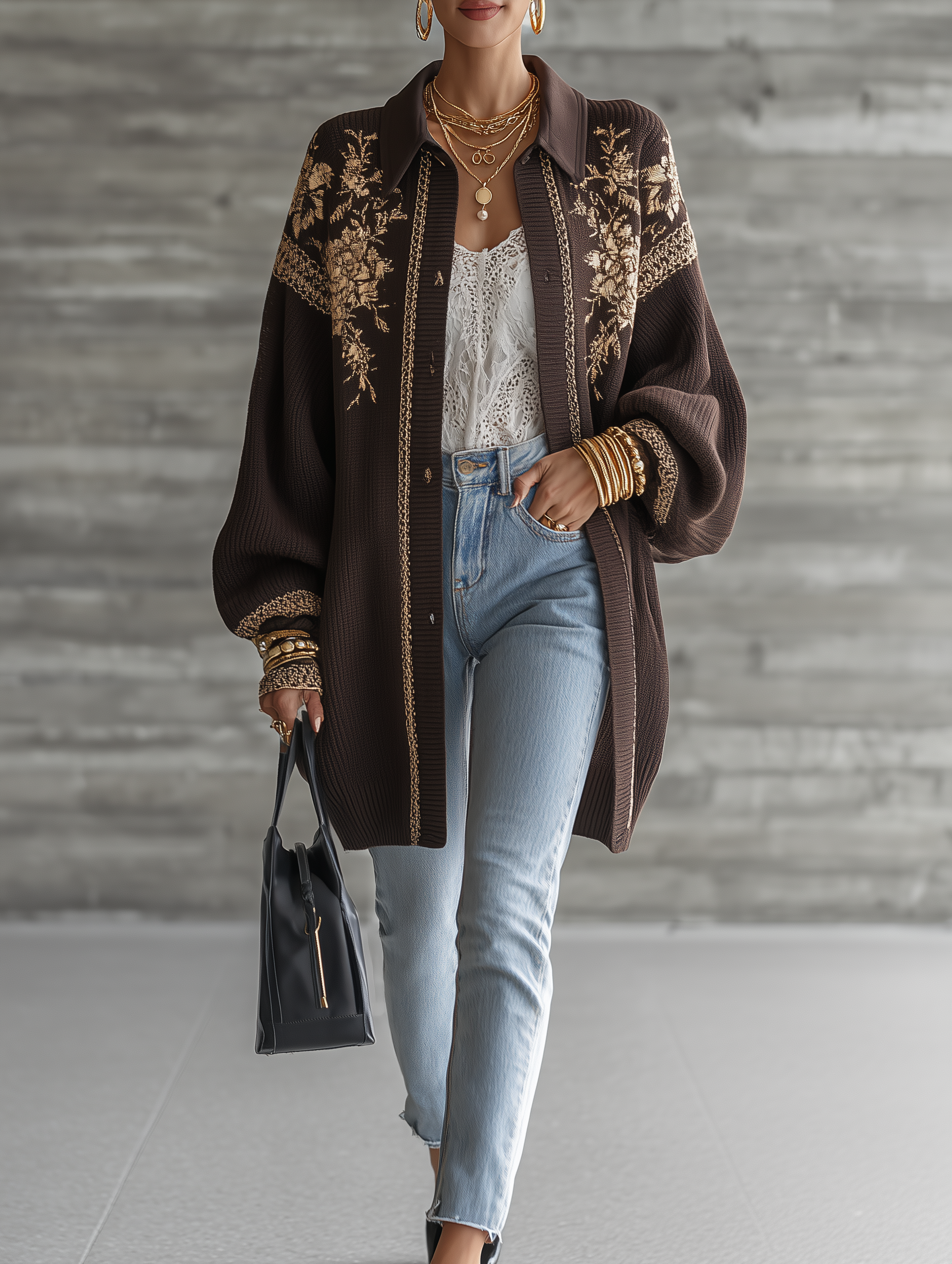 Luxe Jacquard Knit Oversized-Fit Chocolate Brown Floral Cardigan