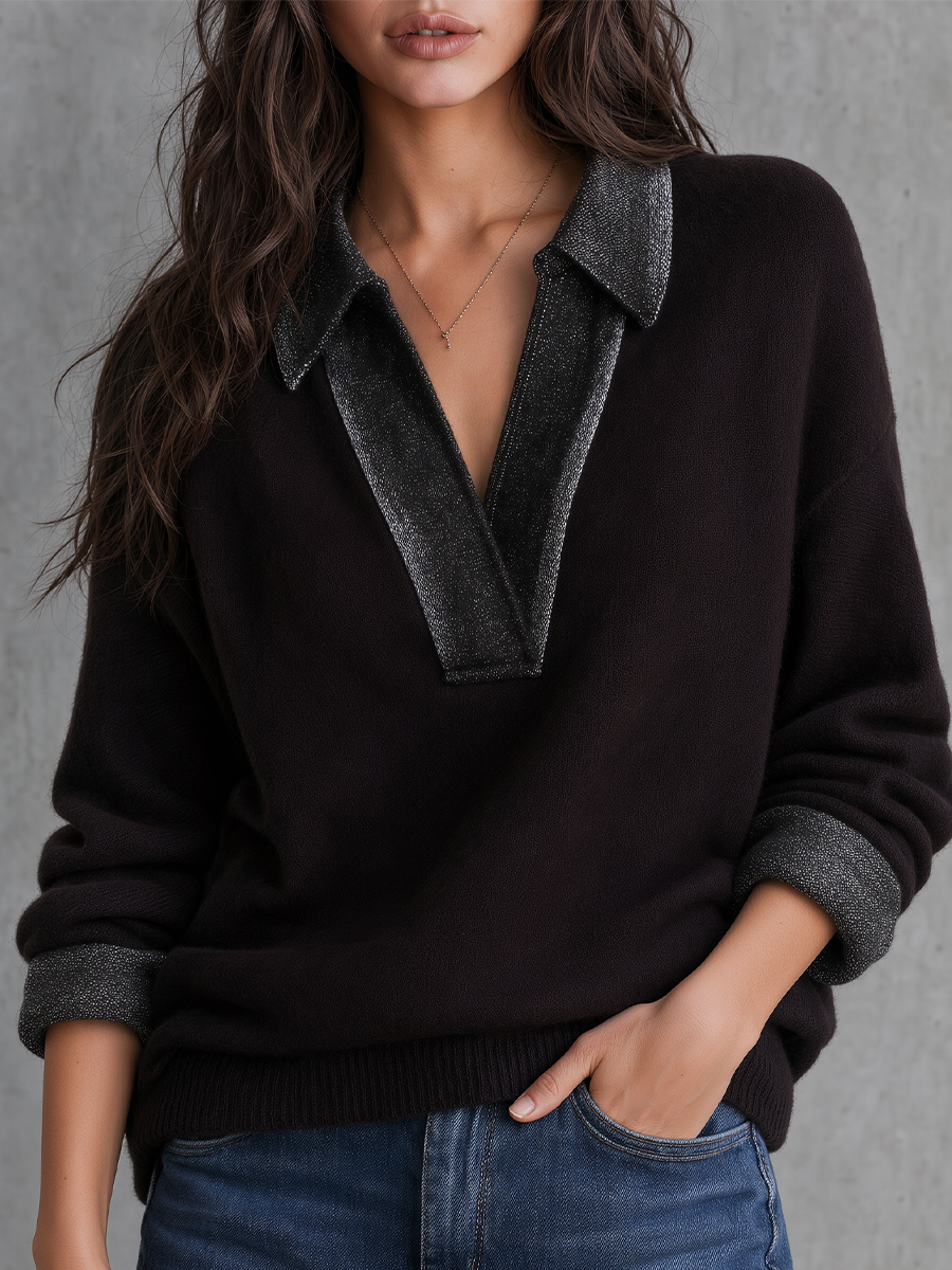 Urban Luxe Metallic Collar Knit Sweater Top