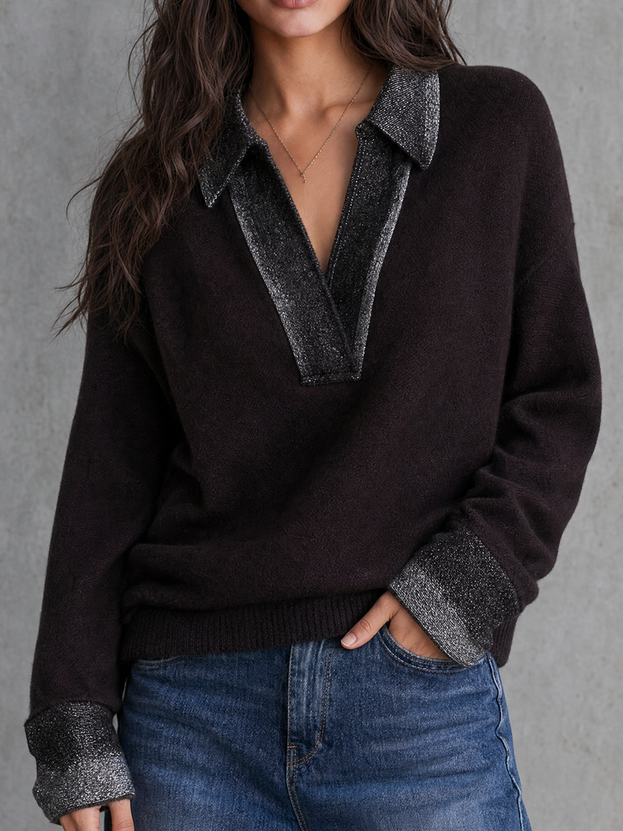 Urban Luxe Metallic Collar Knit Sweater Top