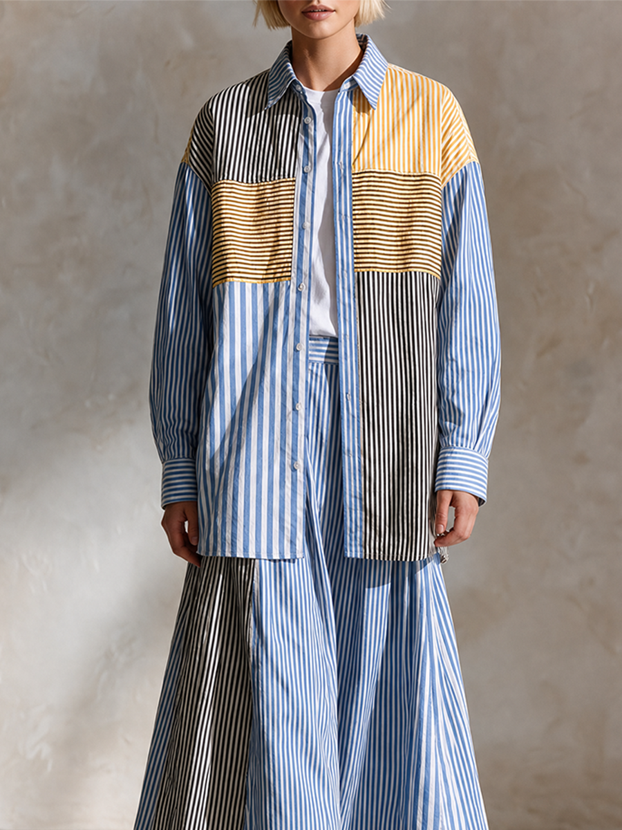 Artistic Resort Patchwork Stripe Shirt & Midi Skirt Set