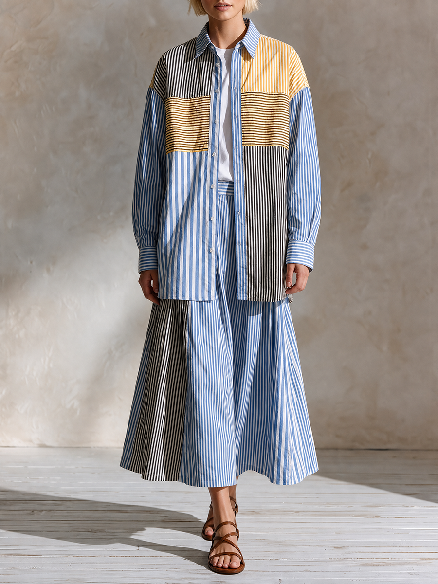 Artistic Resort Patchwork Stripe Shirt & Midi Skirt Set