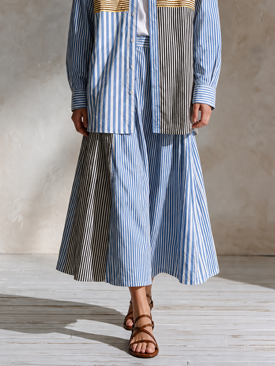 Artistic Resort Patchwork Stripe Shirt & Midi Skirt Set