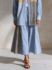 Artistic Resort Patchwork Stripe Shirt & Midi Skirt Set
