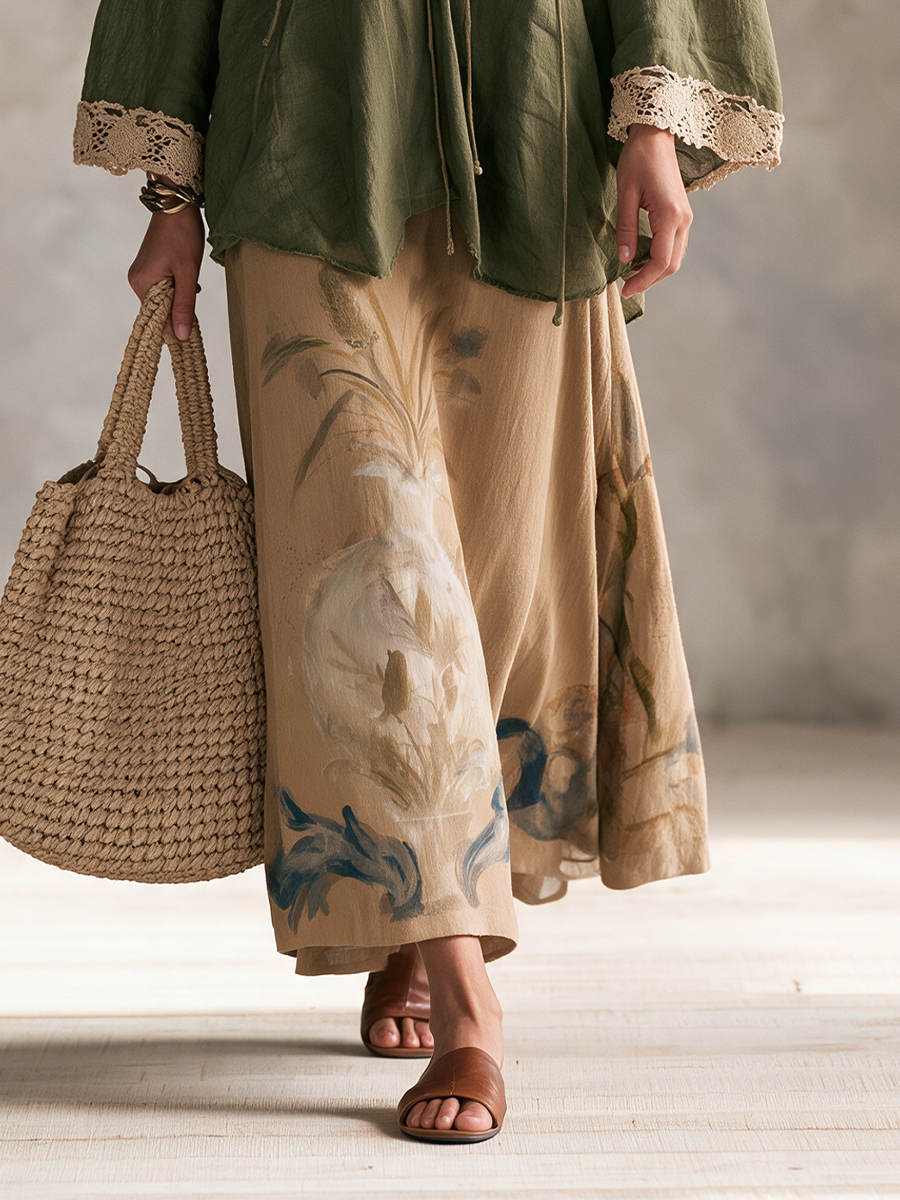 Boho Artisan Olive Lace Blouse & Watercolor Skirt Set