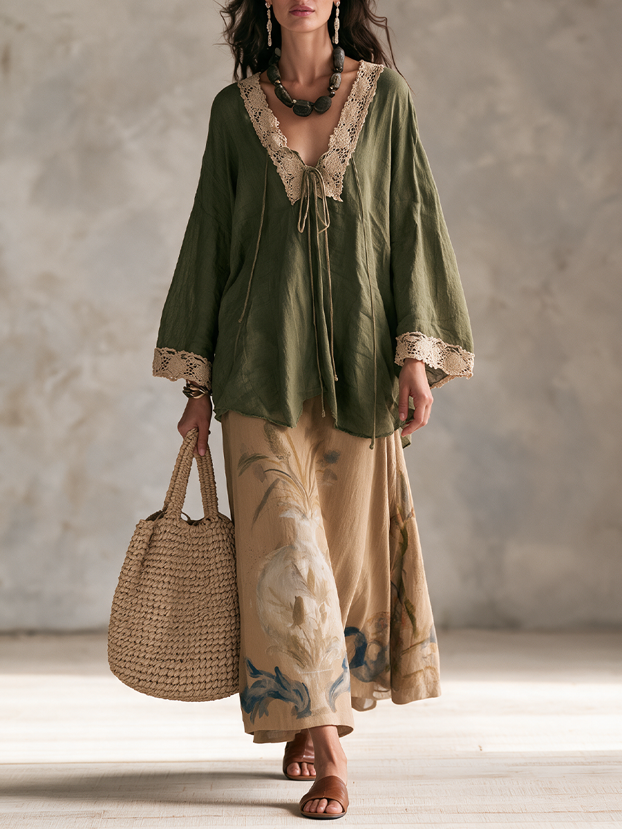 Boho Artisan Olive Lace Blouse & Watercolor Skirt Set