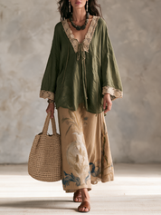 Boho Artisan Olive Lace Blouse & Watercolor Skirt Set