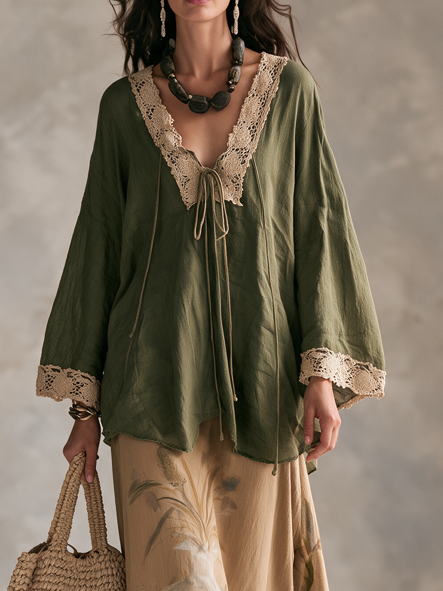 Boho Artisan Olive Lace Blouse & Watercolor Skirt Set