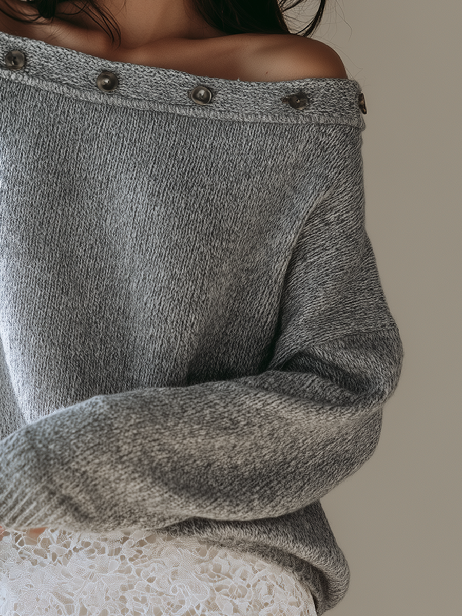 Quiet Luxe Off Shoulder Button Knit Sweater Top