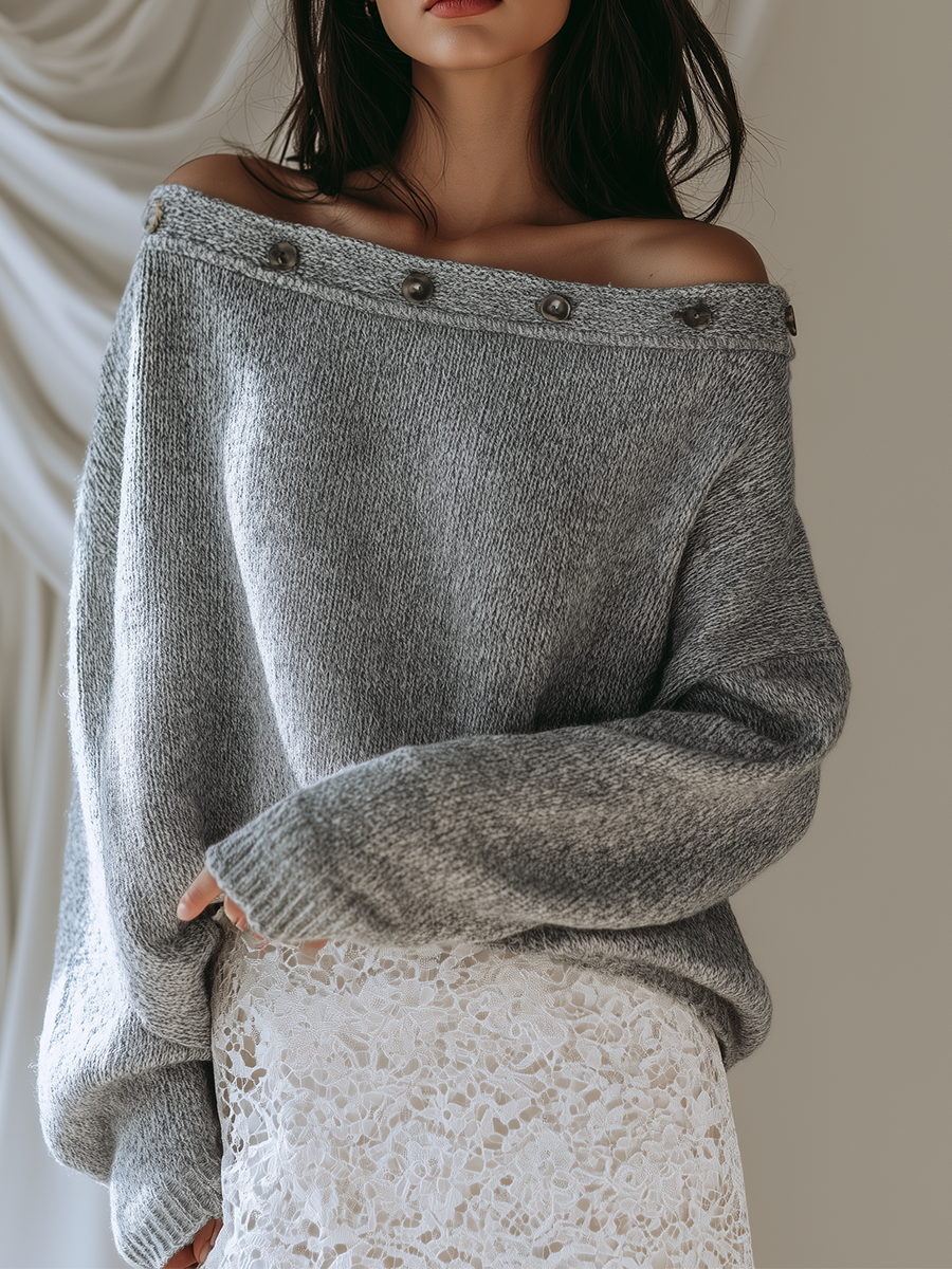 Quiet Luxe Off Shoulder Button Knit Sweater Top