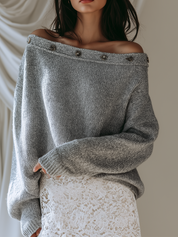 Quiet Luxe Off Shoulder Button Knit Sweater Top