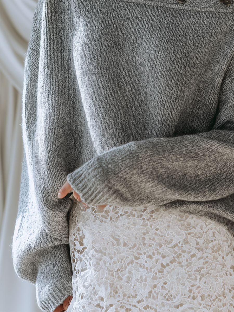 Quiet Luxe Off Shoulder Button Knit Sweater Top