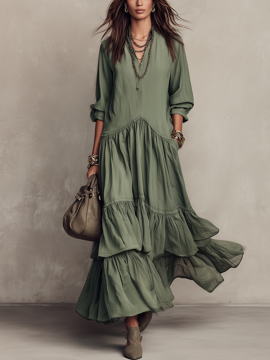 Bohemian Sage Green Tiered V-Neck Maxi Dress