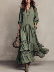 Bohemian Sage Green Tiered V-Neck Maxi Dress