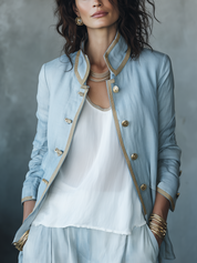 Elegant Blue Linen Blend Gold Trim Jacket