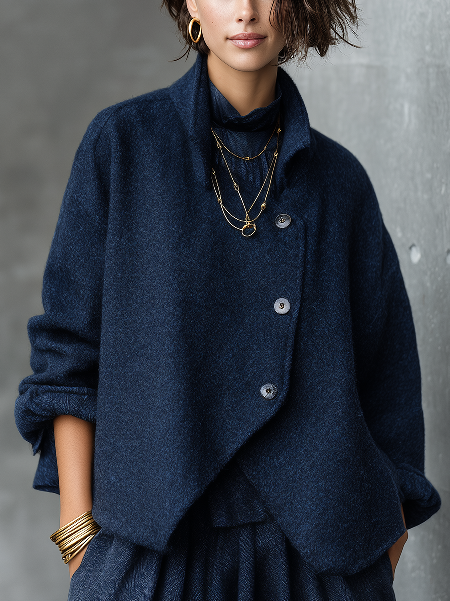 Navy Blue Soft Asymmetrical Button Jacket