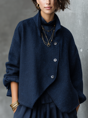 Navy Blue Soft Asymmetrical Button Jacket