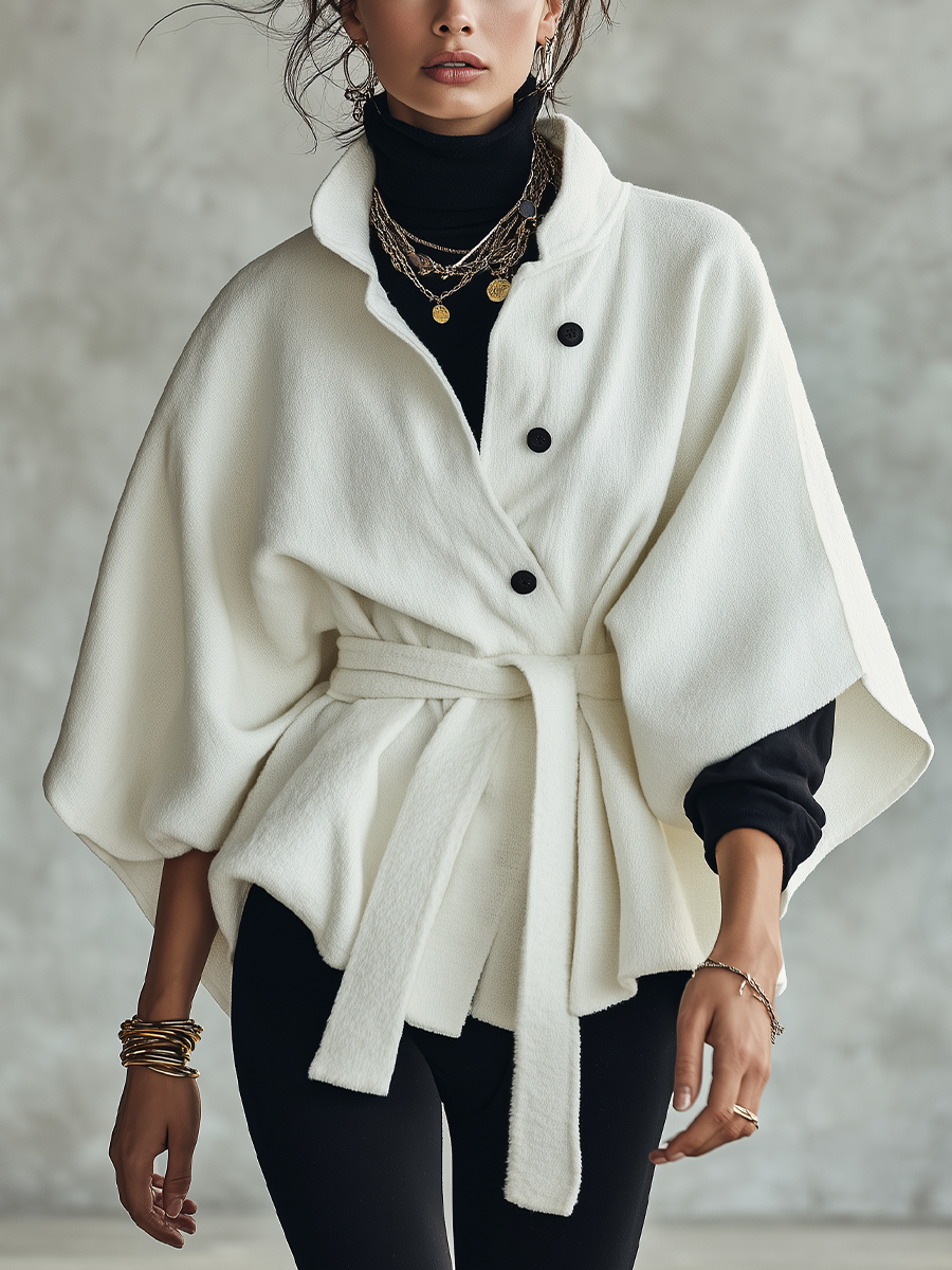 Minimalist Ivory Cape Sleeve Belted Jacket
