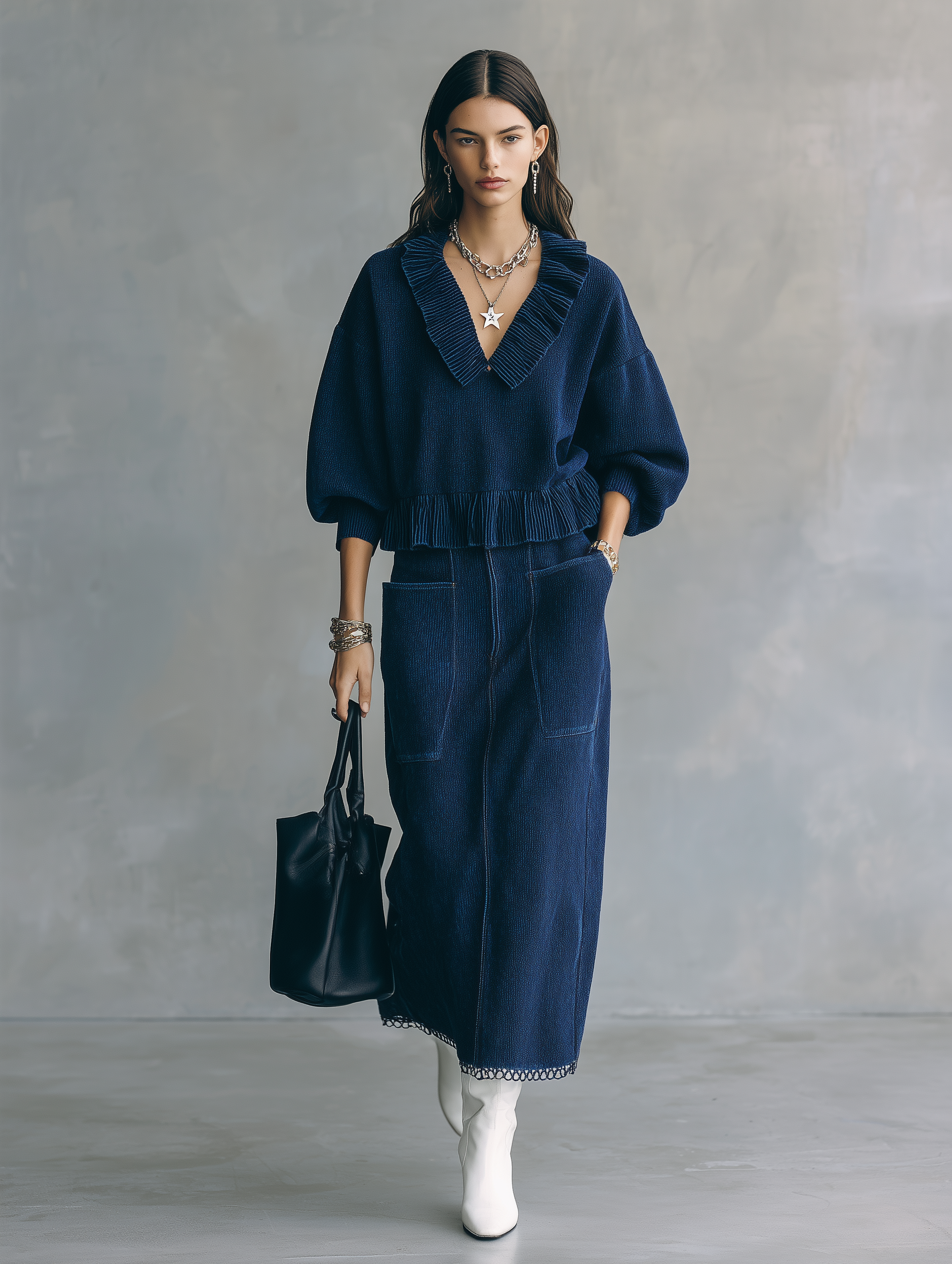 Effortless Ribbed Knit Oversized-Fit Indigo Fringe Co-Ord Set