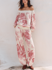 Romantic Ivory Pink Floral Off-Shoulder Two-Piece Set
