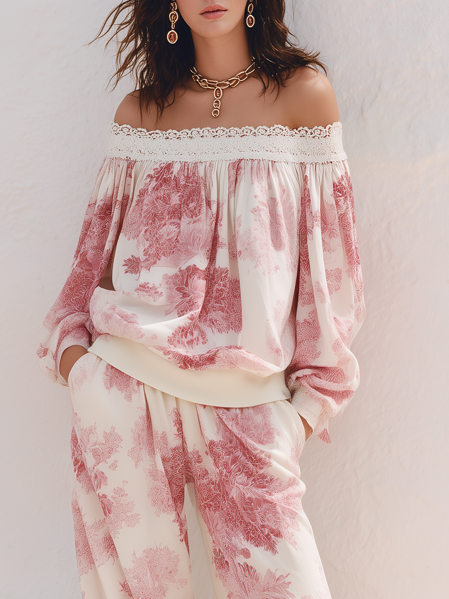 Romantic Ivory Pink Floral Off-Shoulder Two-Piece Set