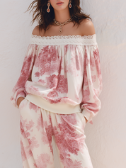 Romantic Ivory Pink Floral Off-Shoulder Two-Piece Set