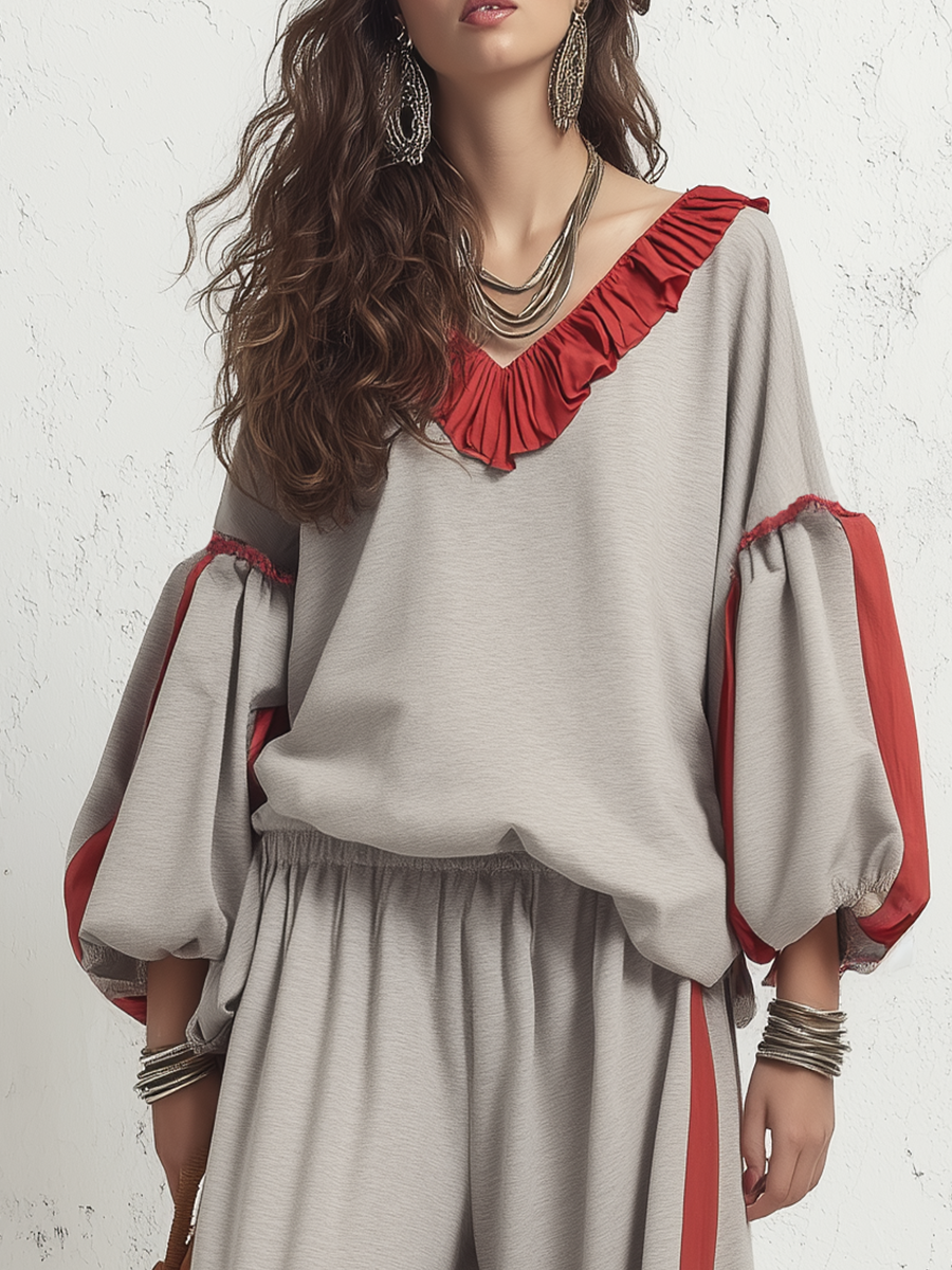 Effortless Light Gray Contrast Ruffle Wide-Leg Two-Piece Set