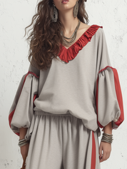 Effortless Light Gray Contrast Ruffle Wide-Leg Two-Piece Set