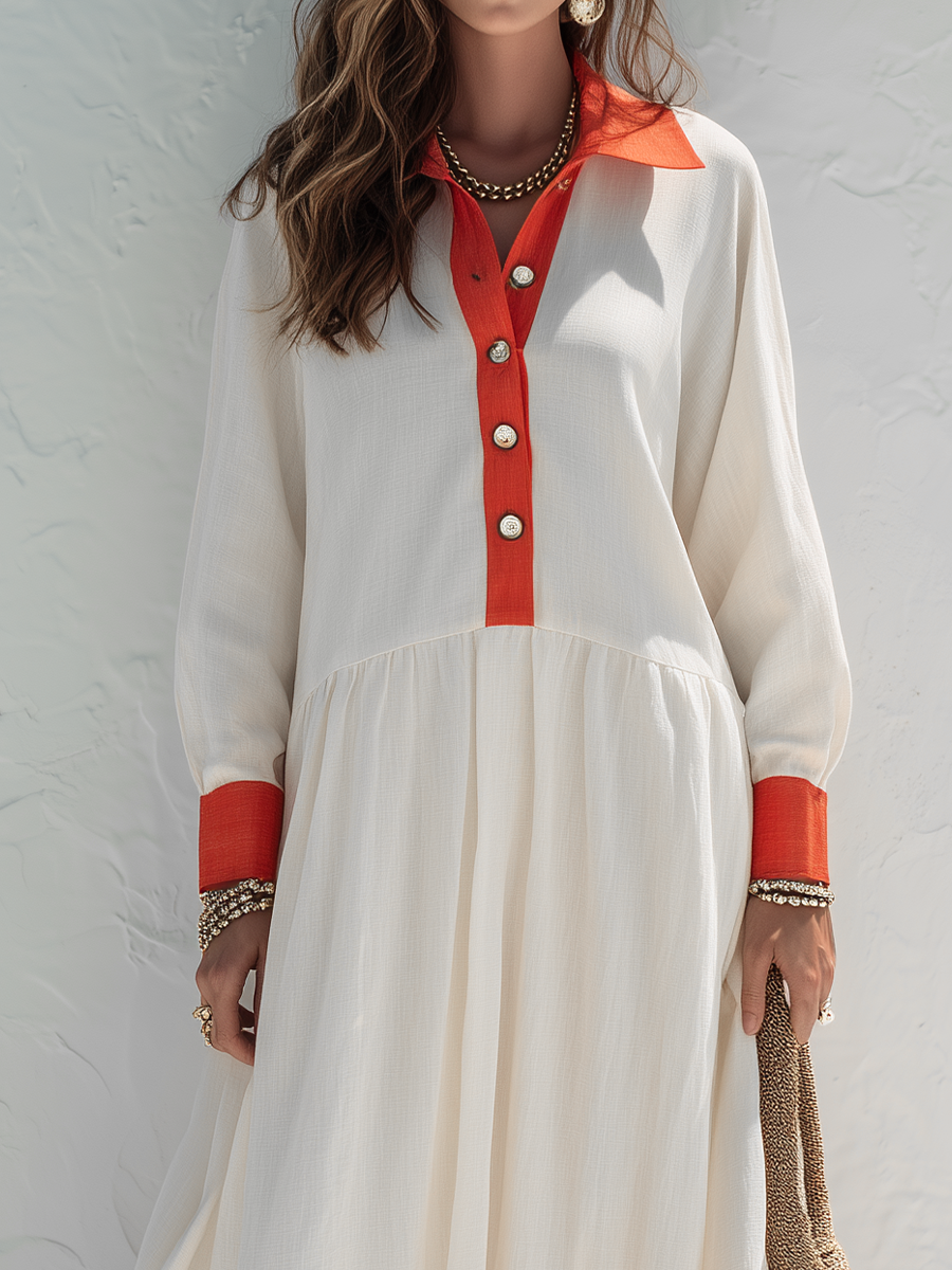 Effortless Ivory Red Contrast Collar Tiered Maxi Dress