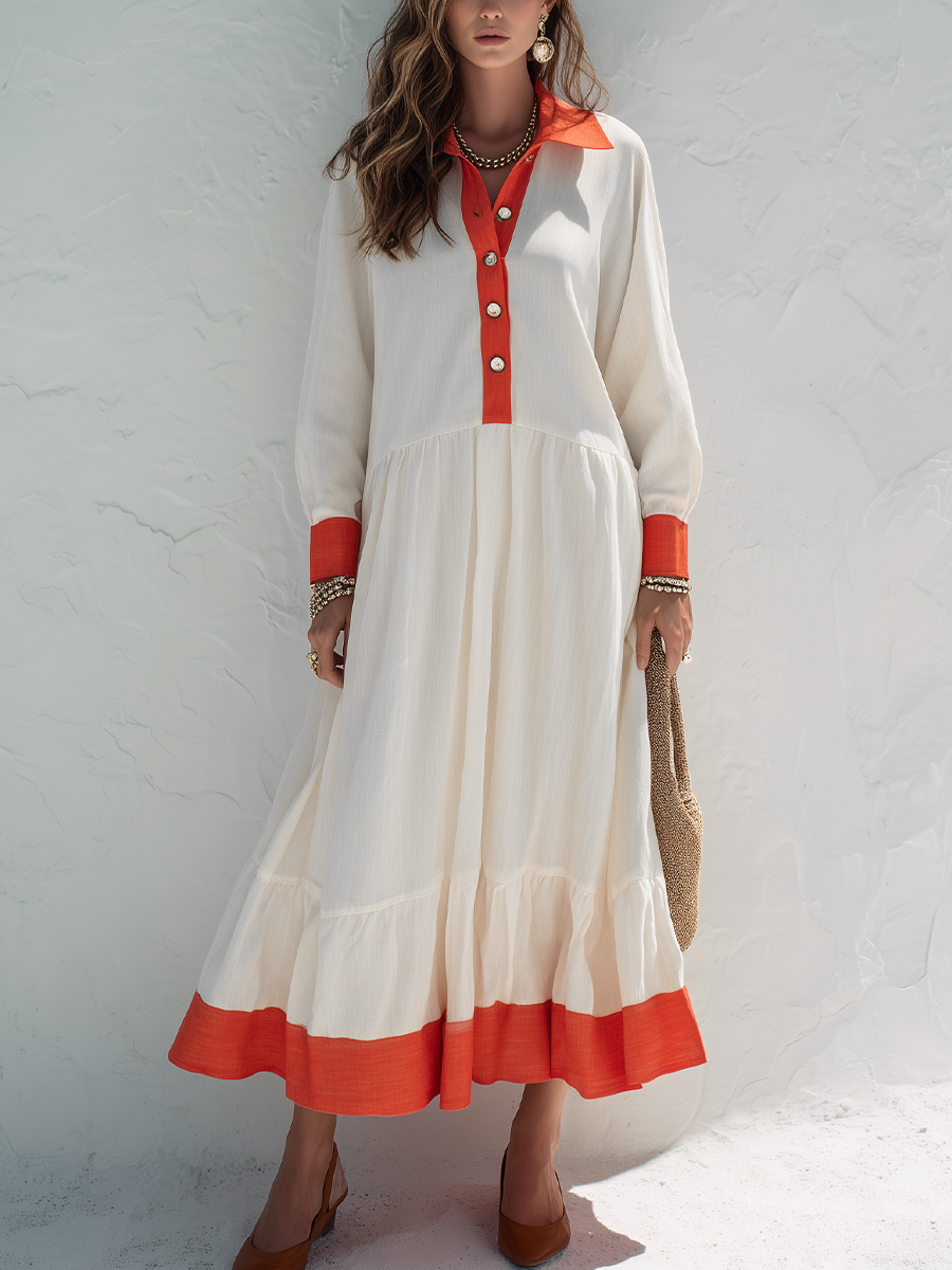 Effortless Ivory Red Contrast Collar Tiered Maxi Dress