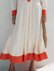 Effortless Ivory Red Contrast Collar Tiered Maxi Dress