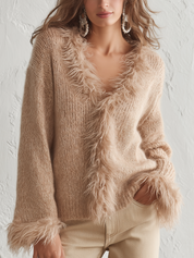 Cozy Beige Fuzzy-Trim V-Neck Knit Sweater