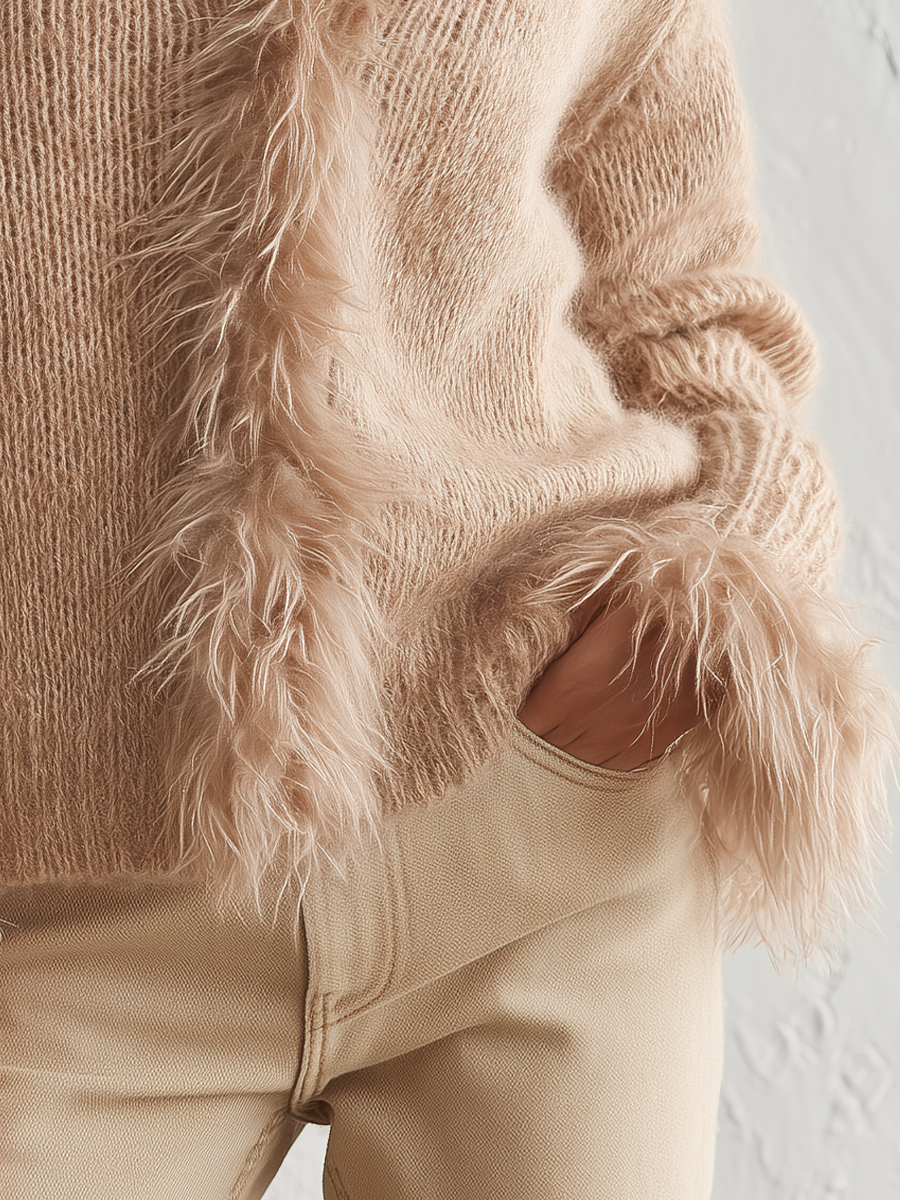 Cozy Beige Fuzzy-Trim V-Neck Knit Sweater