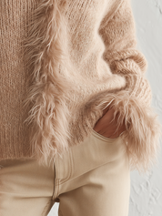 Cozy Beige Fuzzy-Trim V-Neck Knit Sweater