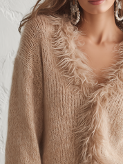 Cozy Beige Fuzzy-Trim V-Neck Knit Sweater