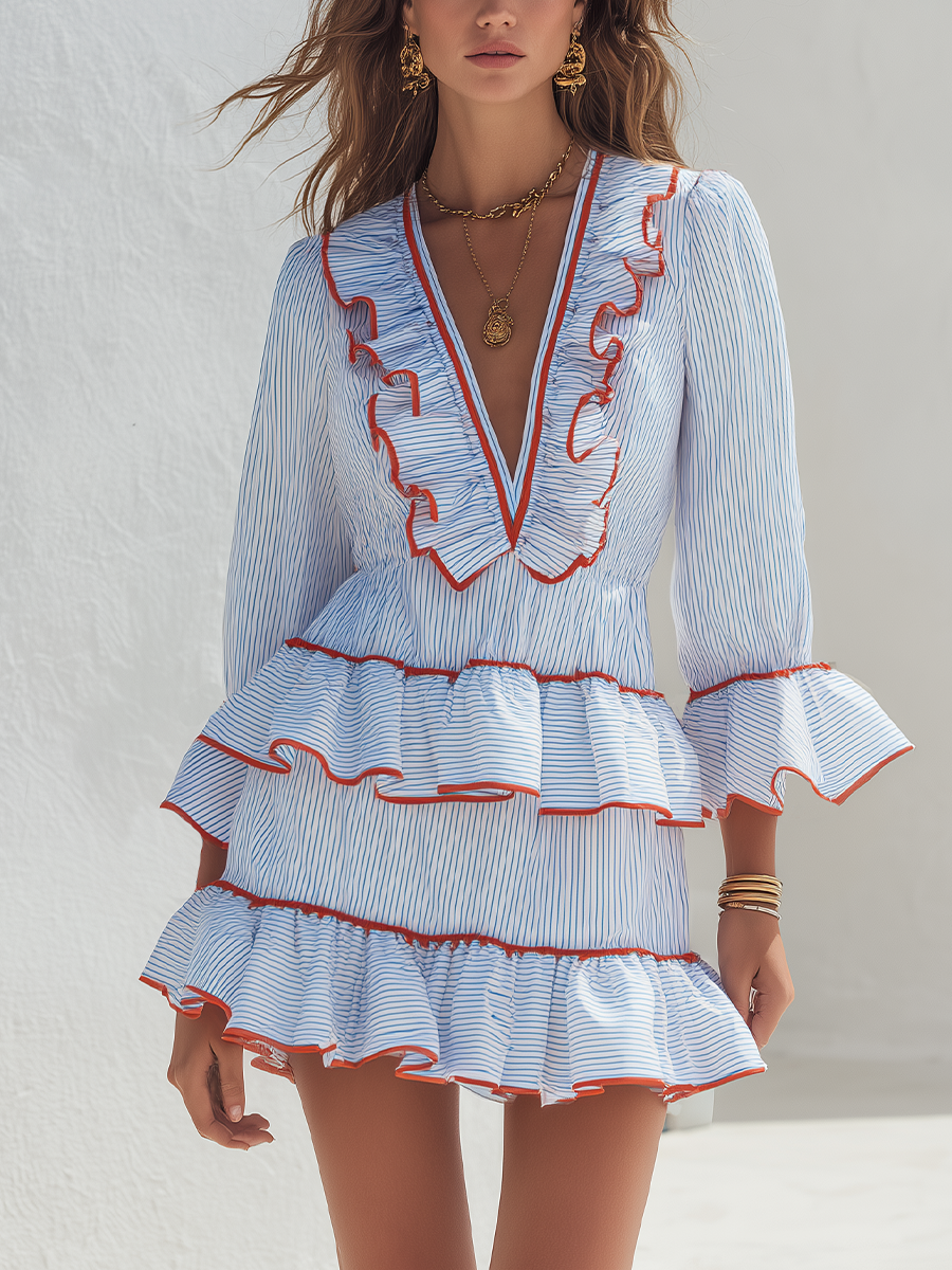 Romantic Blue Striped Ruffle Trim Mini Dress