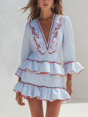 Romantic Blue Striped Ruffle Trim Mini Dress