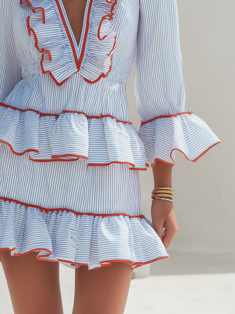 Romantic Blue Striped Ruffle Trim Mini Dress